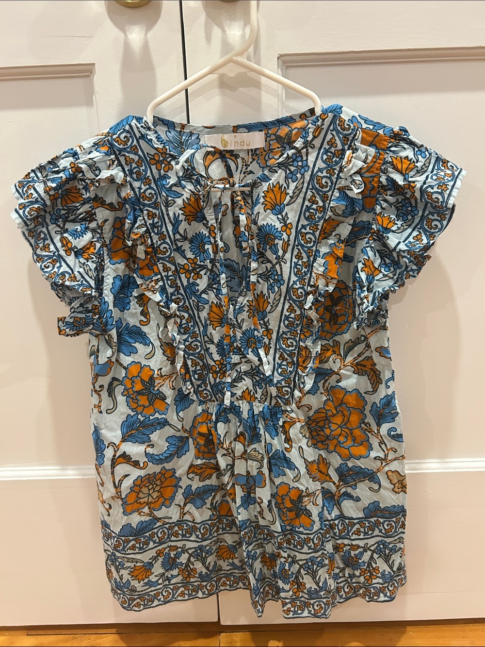 Ginau Blue & Orange Floral Ruffle-Sleeve Blouse